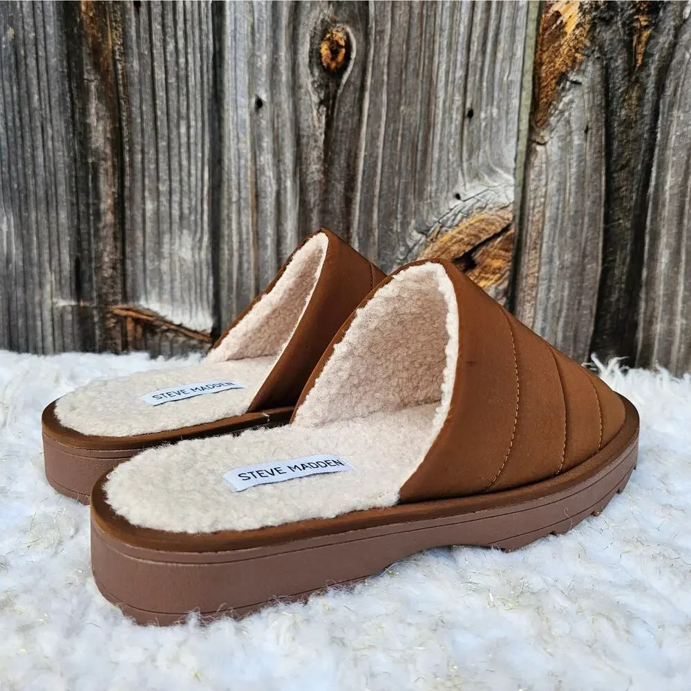 Quilted Slipper Steve Madden Chex Size 10 Faux Shearling Line Puffer Slide Brown - Picture 6 of 12